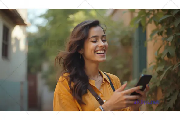 Smiling Woman Outdoors with Smartphone