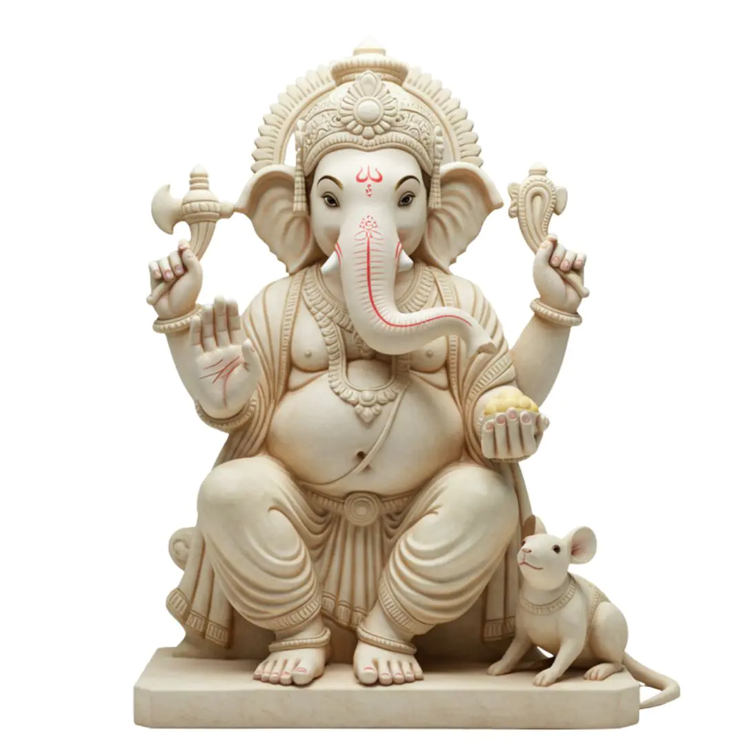 Ivory Ganesha Statue with Devoted Mouse PNG