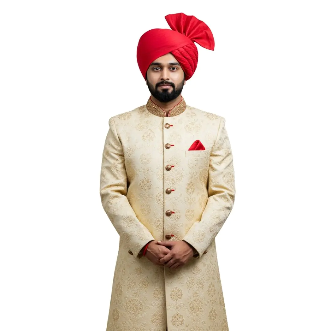 Regal Indian Groom in Beige Sherwani PNG Clipart