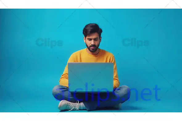 Young Man Working on Laptop in Casual Outfit
