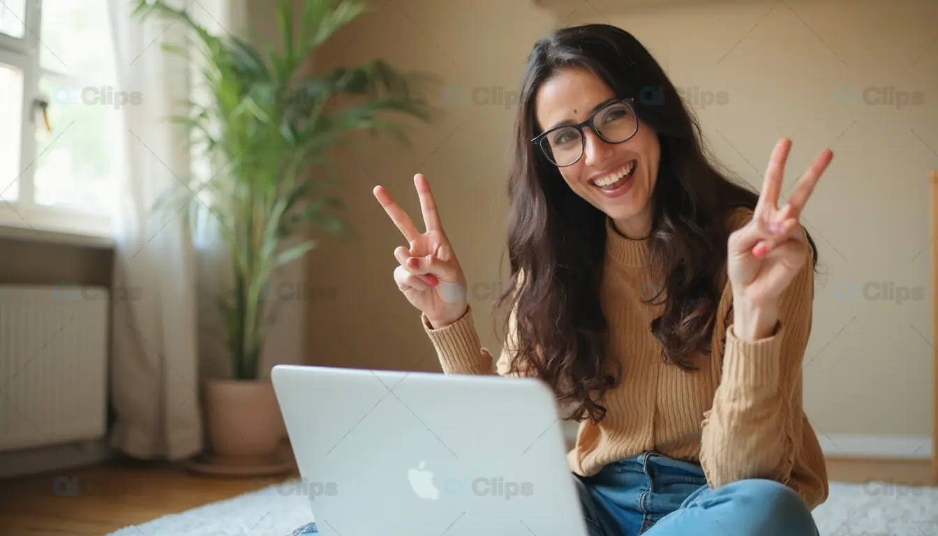 Happy Woman with Laptop Showing Peace Signs