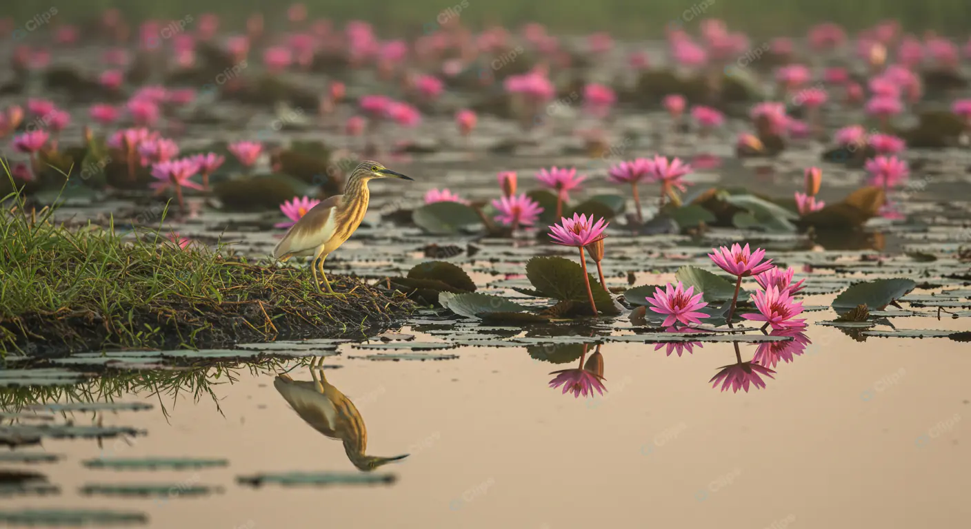 Heron Among Lotus Blossoms