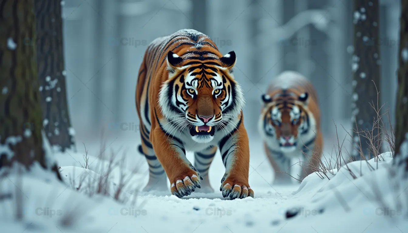 Majestic Tigers Walking Through a Snowy Forest