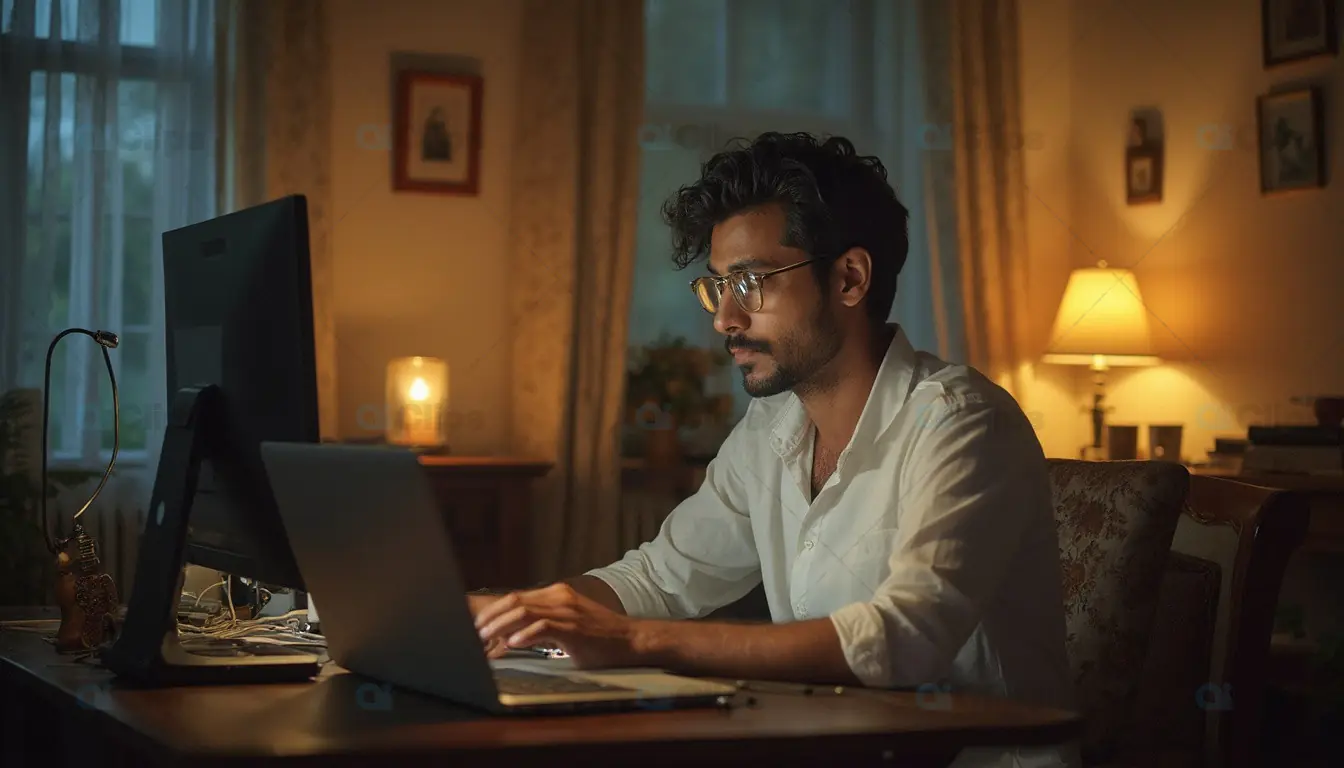 Man Working Late on Laptop in Home Office with Cozy Lighting