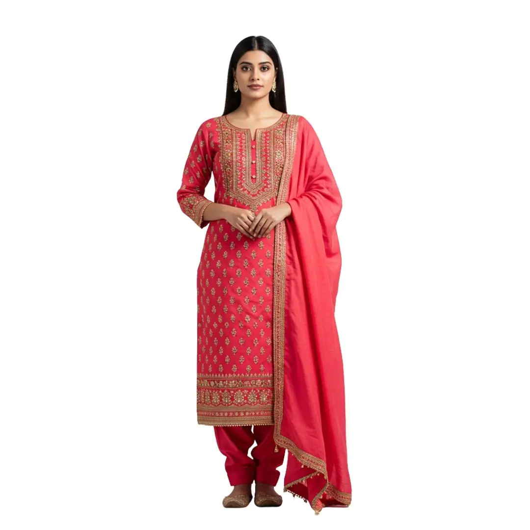 Elegant Woman in Pink Embroidered Salwar Kameez PNG