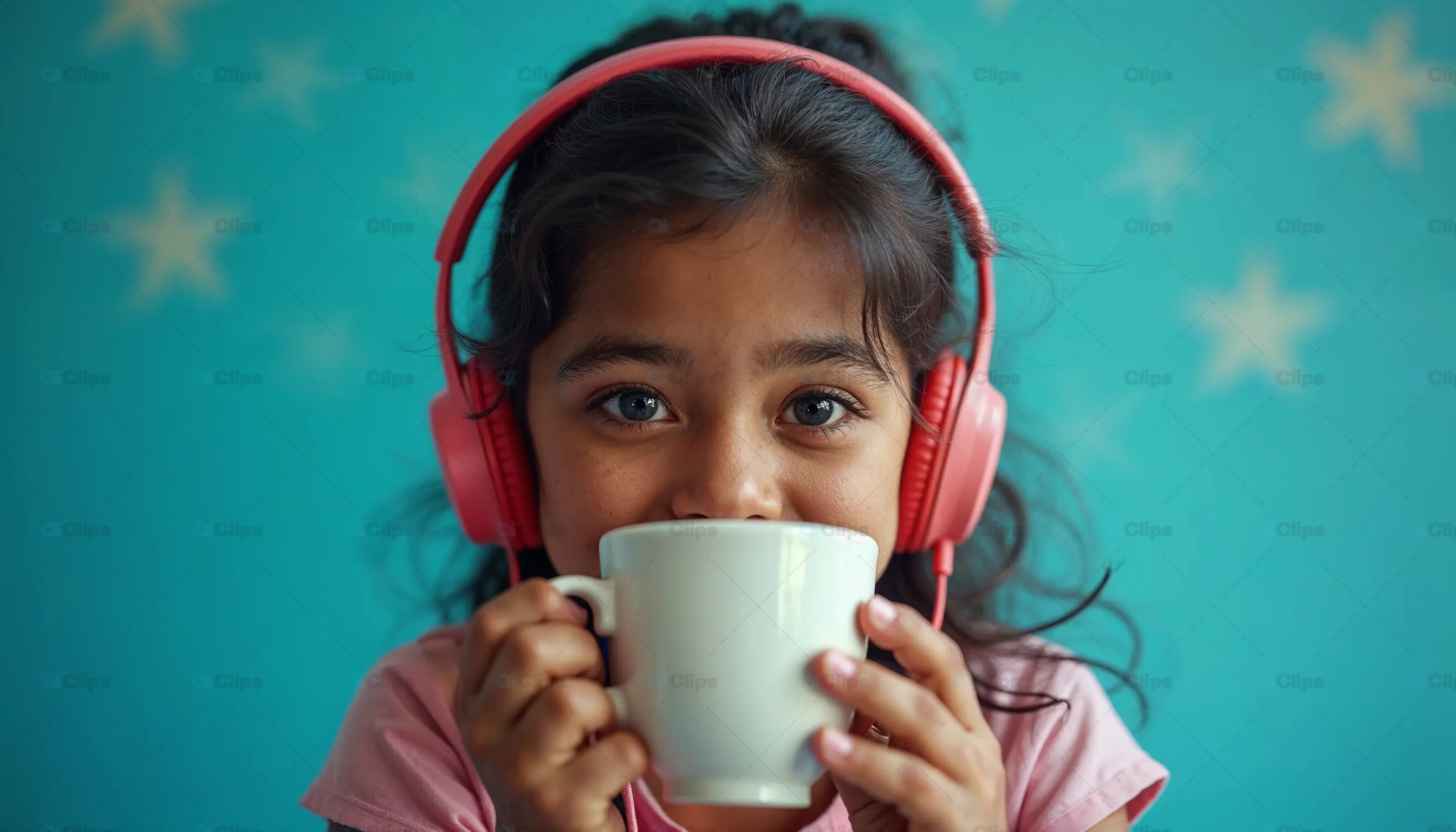 Girl with Red Headphones and White Mug