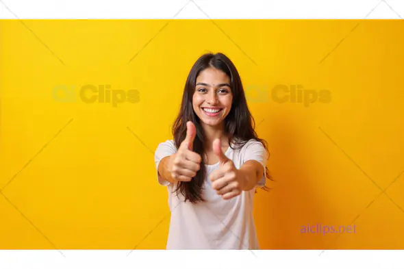 Smiling Woman Thumbs Up on Yellow Background
