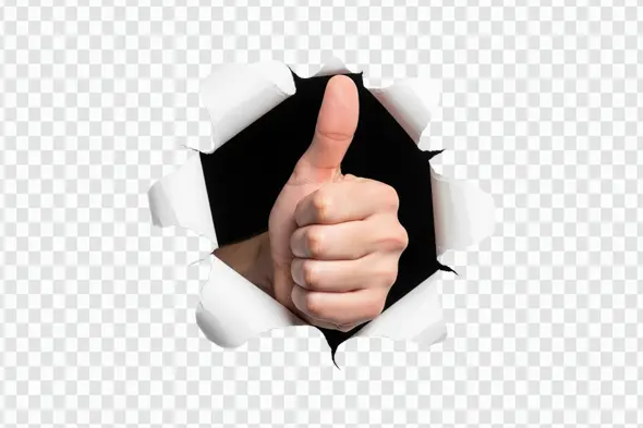 Hand Thumbs Up Ripping Through White Paper PNG
