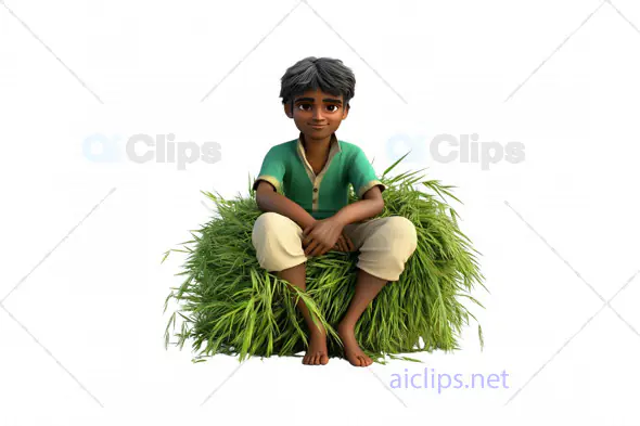 3D Village Boy Sitting on Haystack