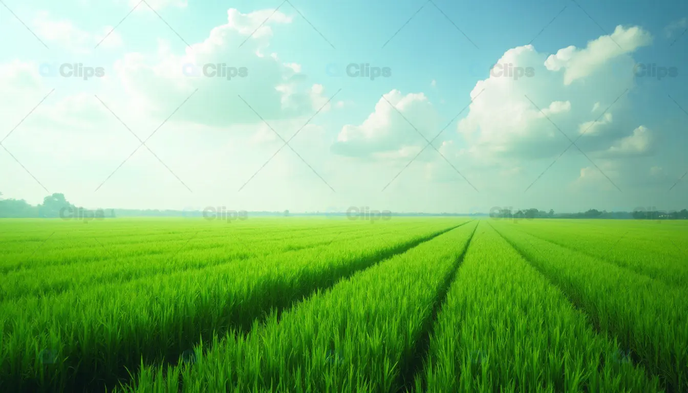 Green Field with Cloudy Sky and Crop Lines