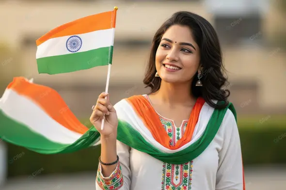 Joyful Indian Woman with Tricolour Flag
