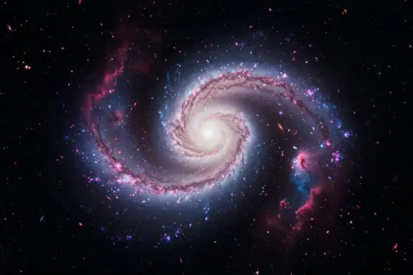 Spiral Galaxy in Deep Space with Colorful Nebula Trails