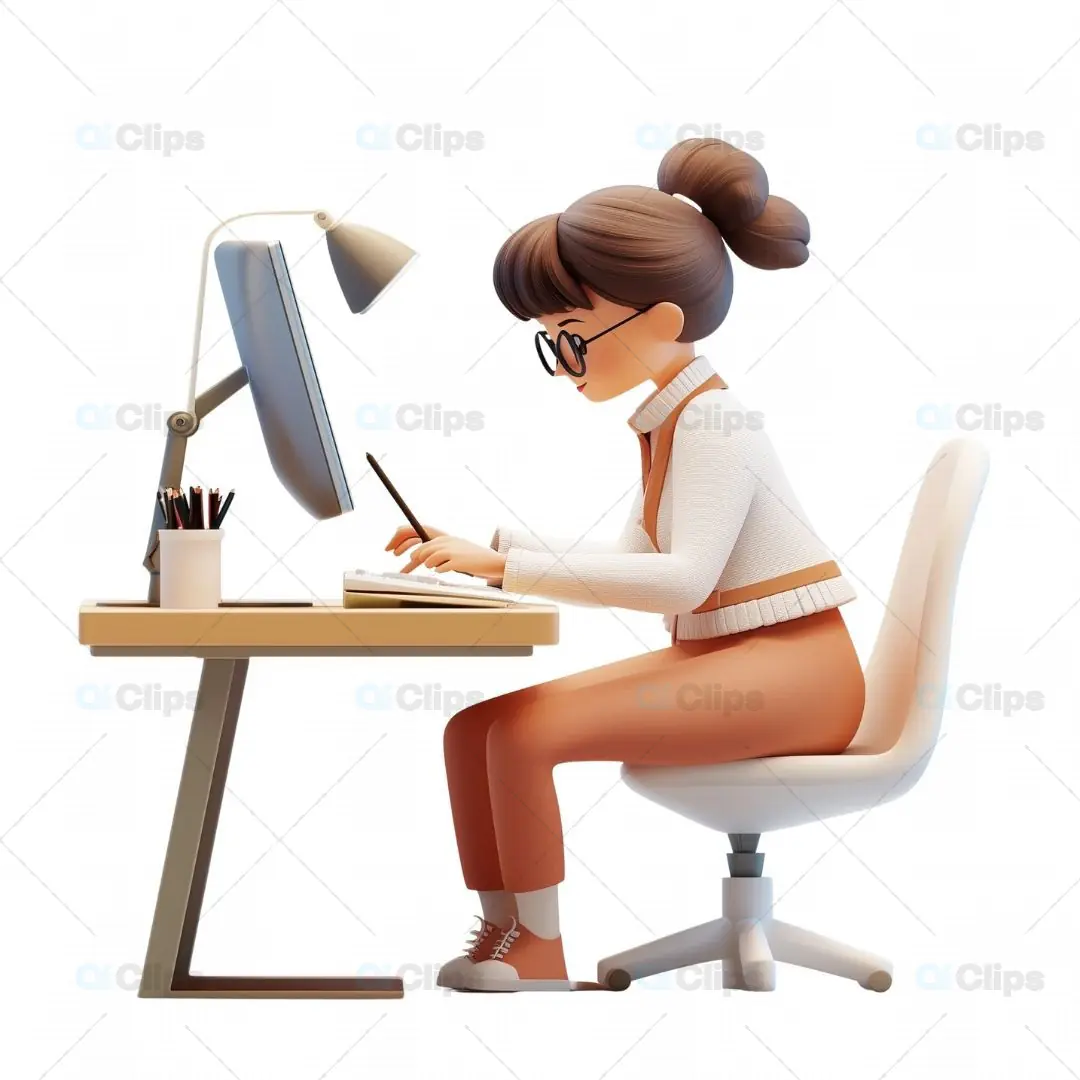 3D Woman Working on Computer at Desk
