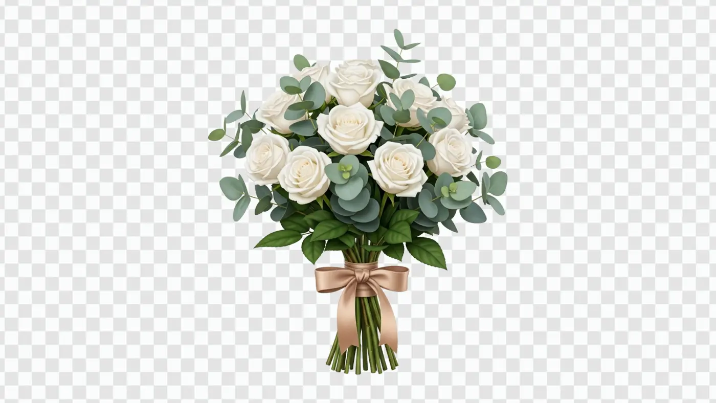 Elegant White Rose Eucalyptus Bouquet with Ribbon Clipart PNG