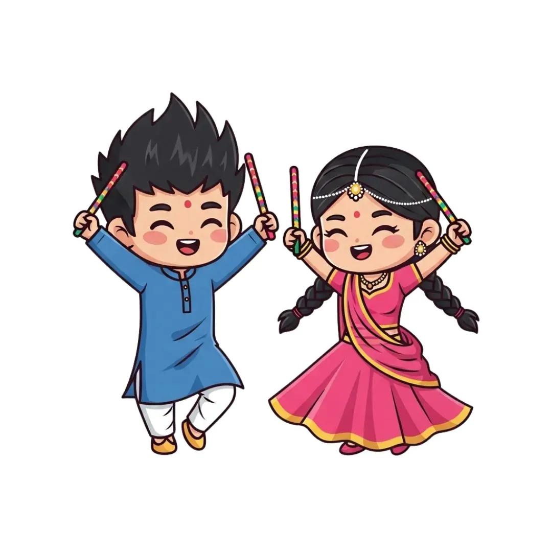 Joyful Cartoon Children Dancing with Colorful Dandiya Sticks