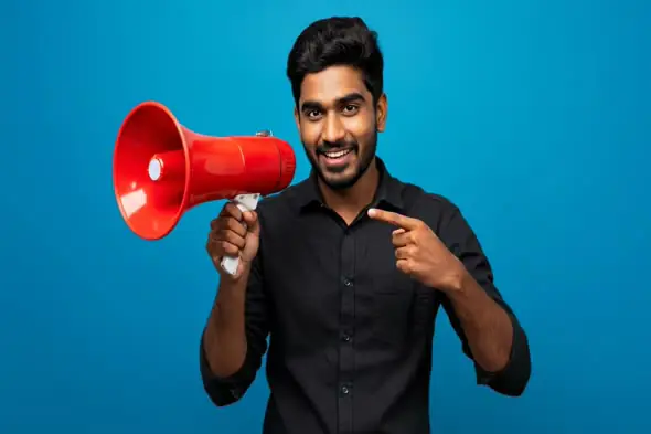 Excited Indian Man Holding Megaphone