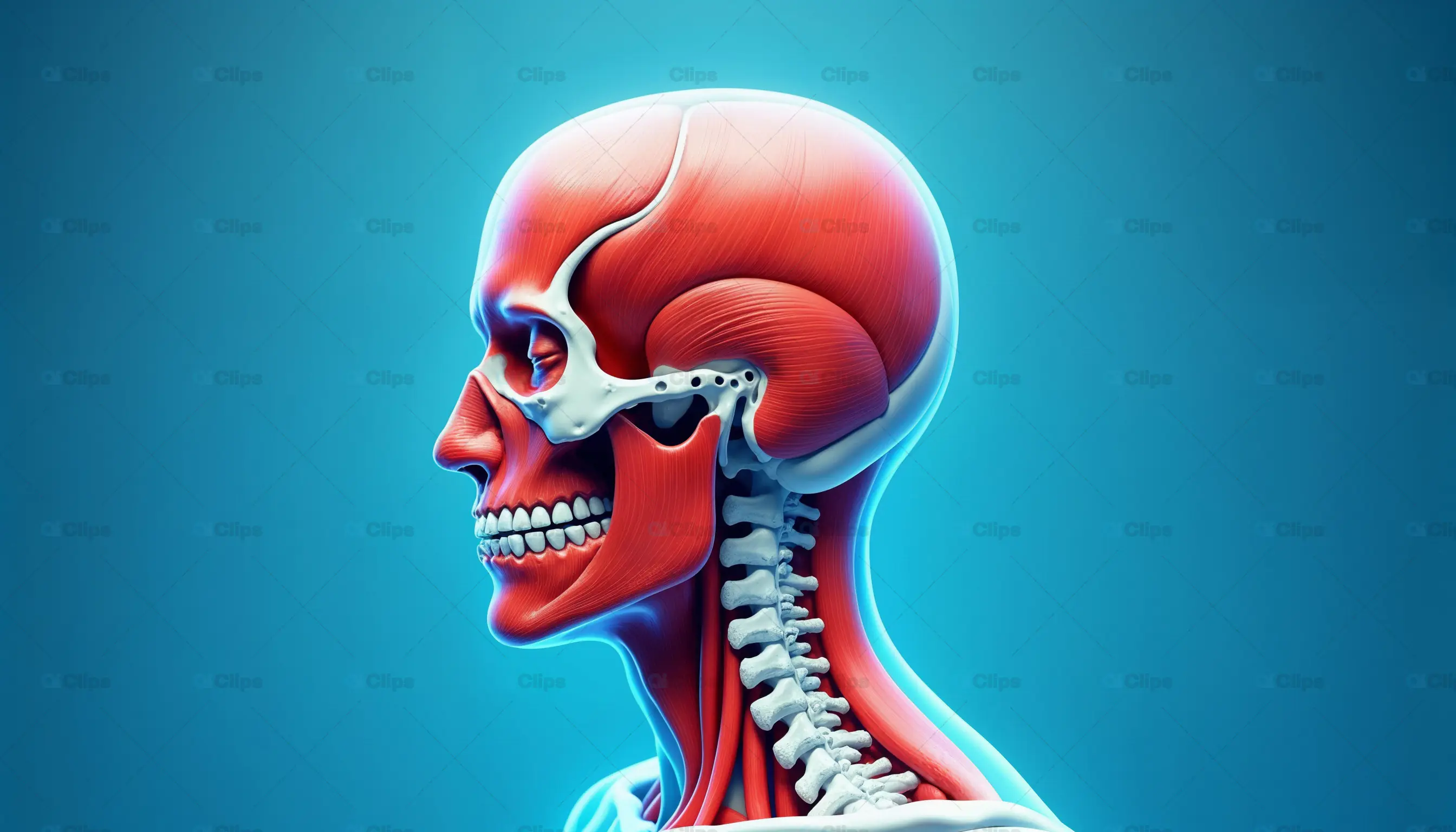 Anatomical Side View of Human Skull and Muscles