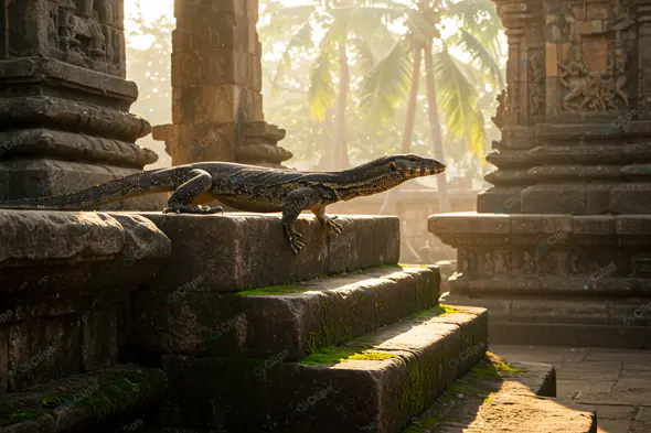 Ancient Temple Guardian: Lizard on Stone Steps