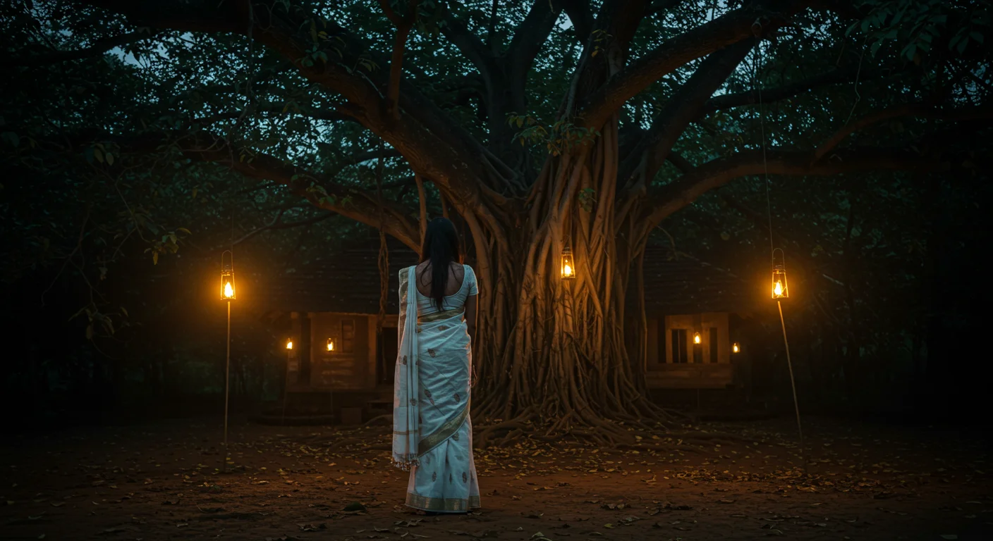Indian Woman in White Saree Near Banyan Tree – Mystical Evening Village Scene