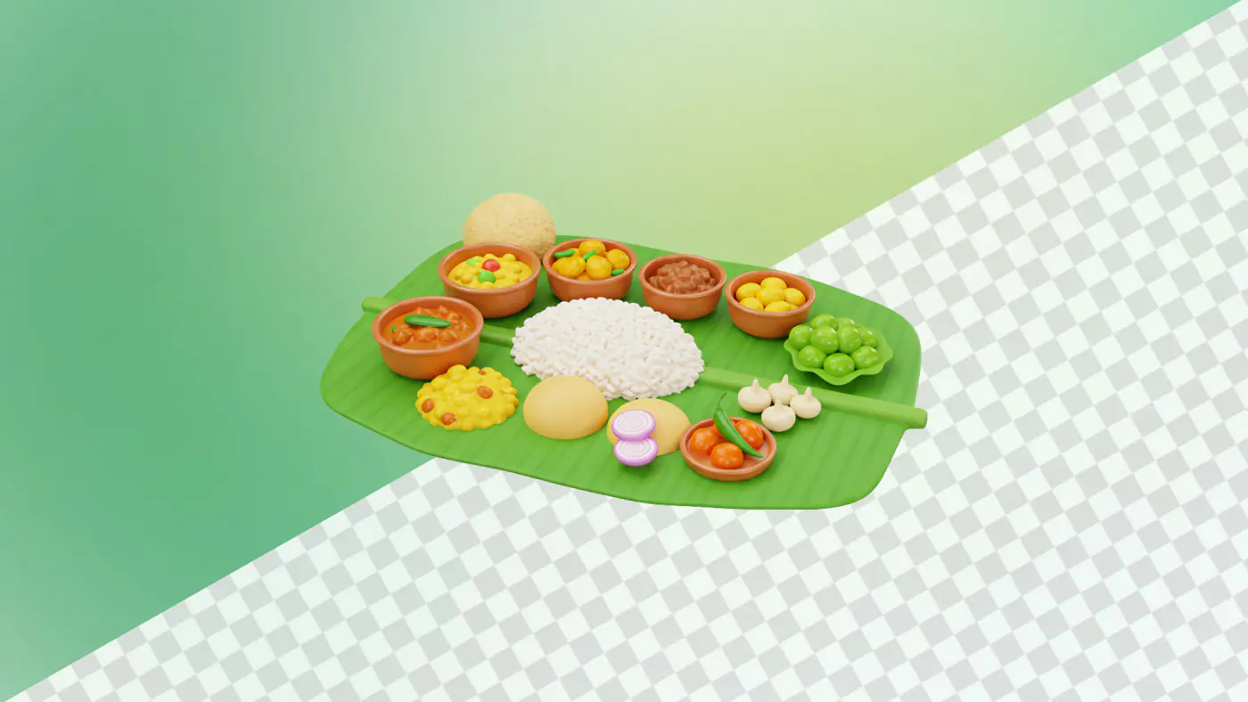 Traditional Indian thali meal on banana leaf