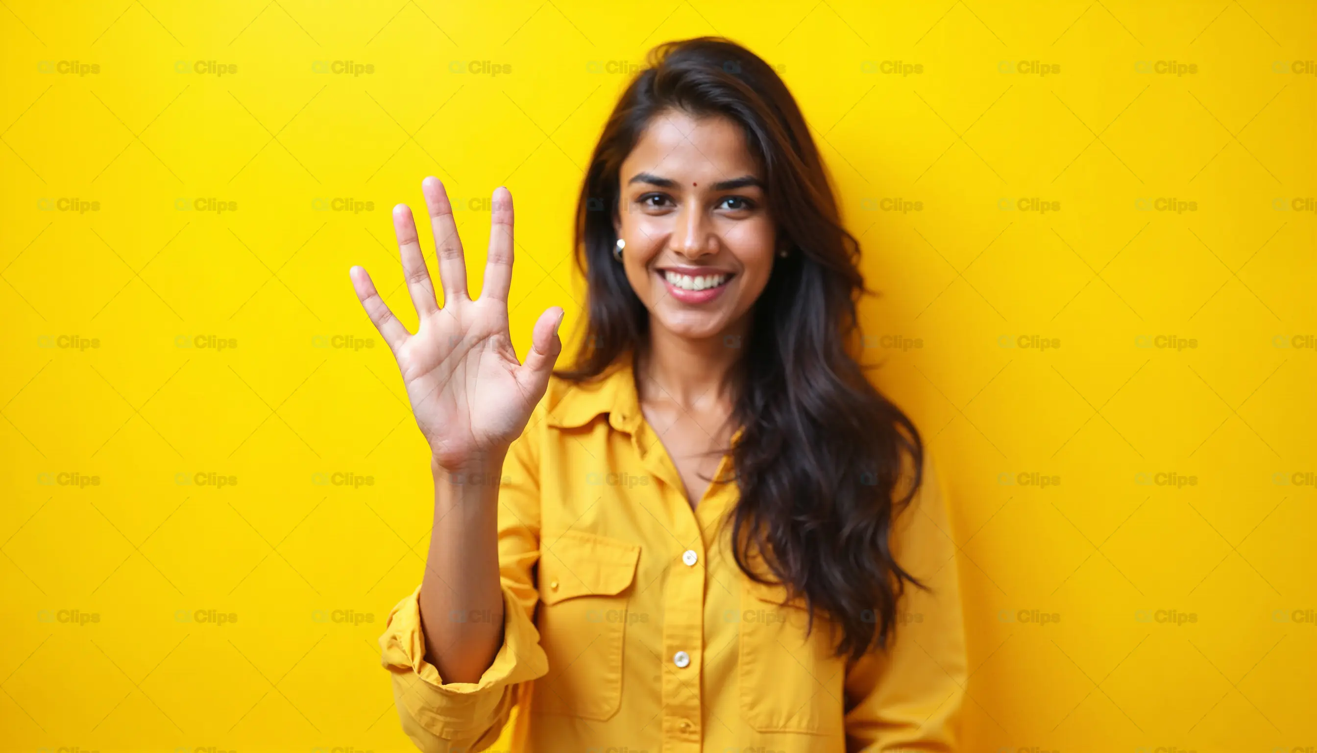 Smiling Woman Waving with Open Hand Gesture