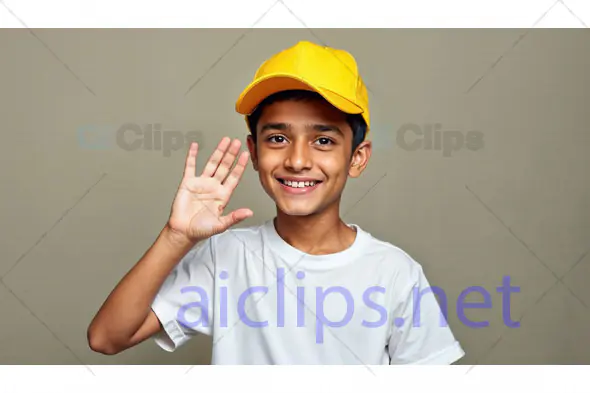 Smiling Boy in Yellow Cap Waving