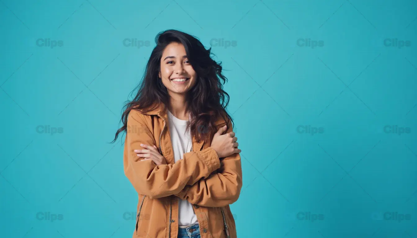 Smiling Woman in Tan Jacket on Blue Background