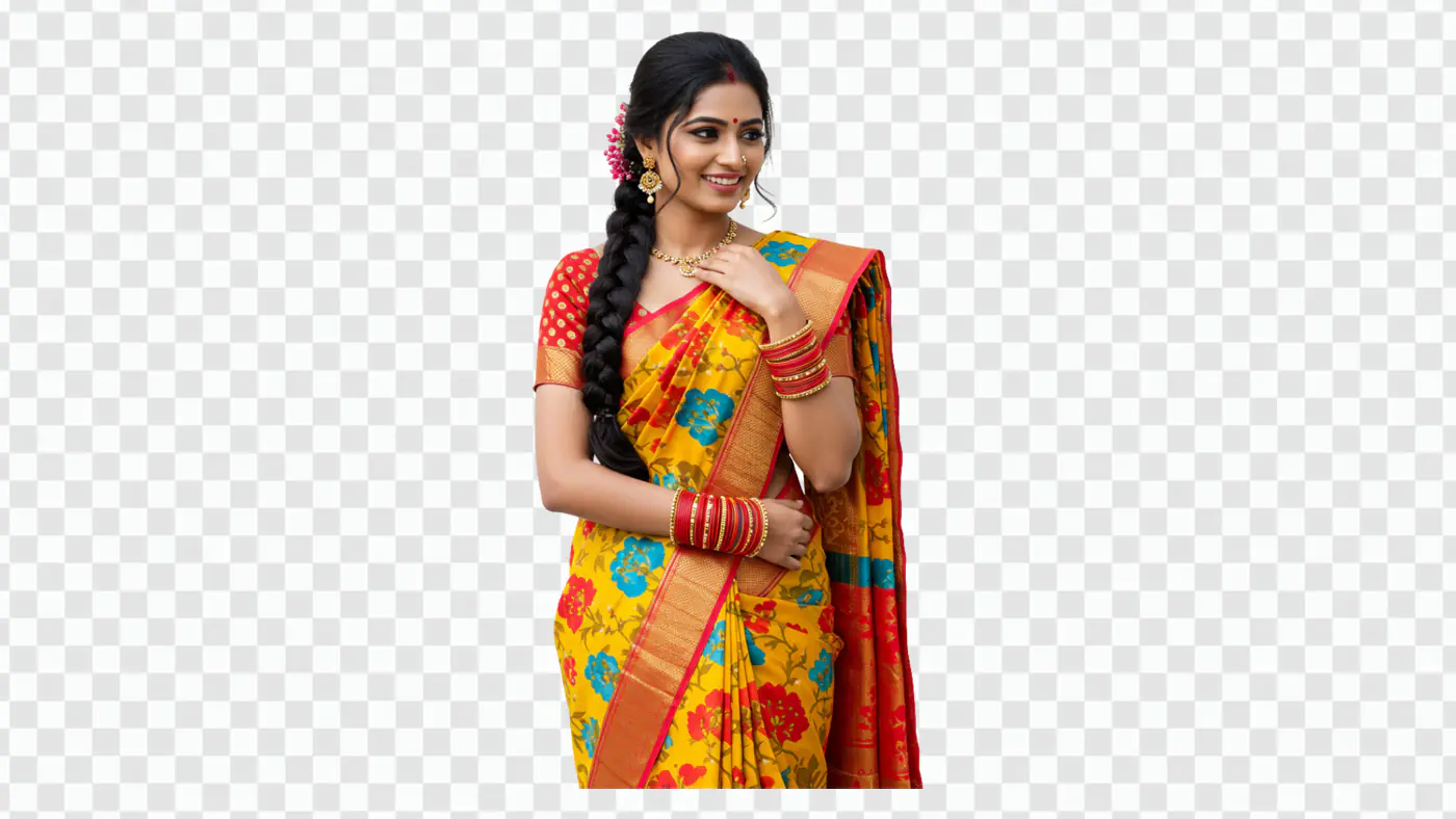 Woman in Vibrant Traditional Indian Saree PNG