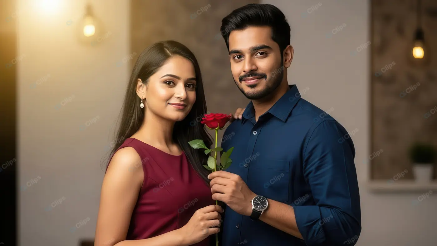 Affectionate Indian Couple with a Red Rose