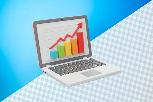 Laptop displaying colorful growth chart with upward arrow