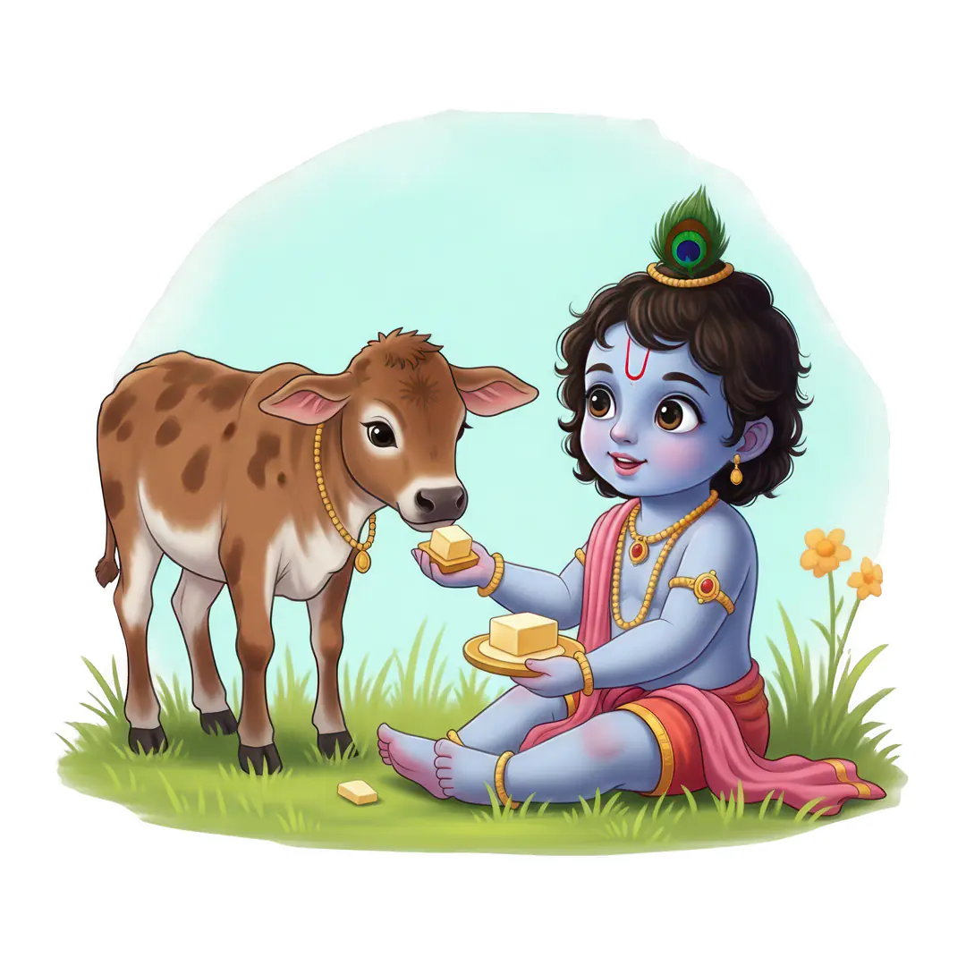 Baby Krishna feeding calf cute illustration PNG