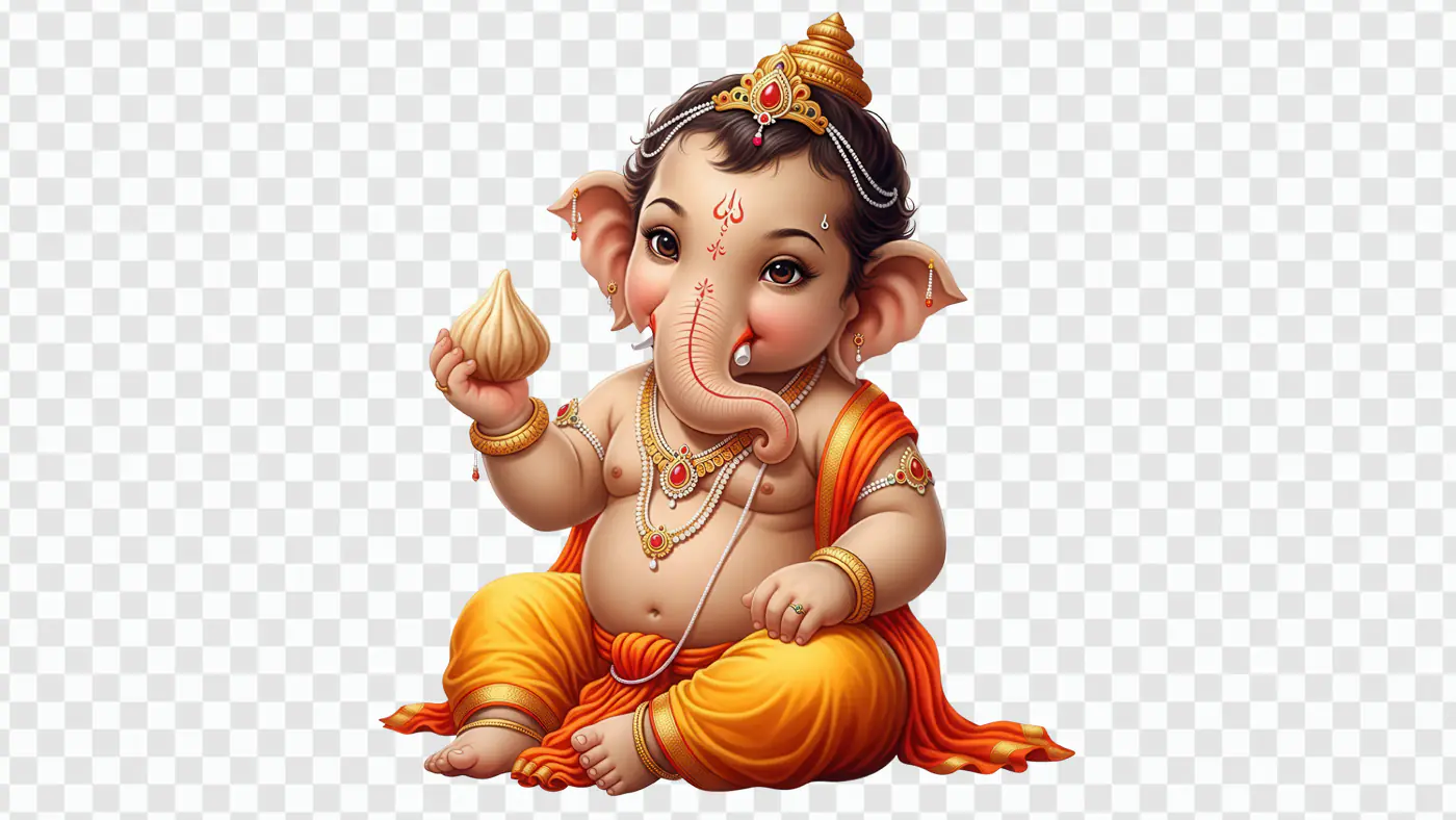 Cheerful Baby Ganesha Holding Modak Treat PNG