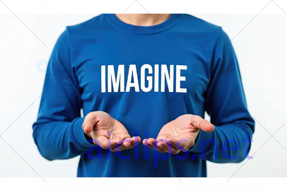 Imagine Slogan on Blue Sweatshirt with Open Hands Gesture