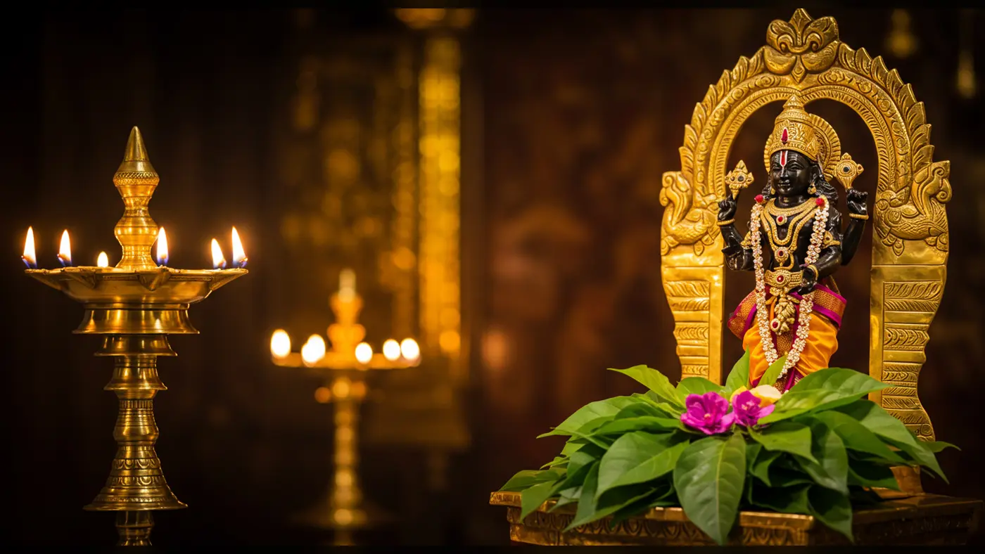 Black Lakshmi Devi Idol with Deepam and Betel Leaves | AIClips South Indian Puja Visual