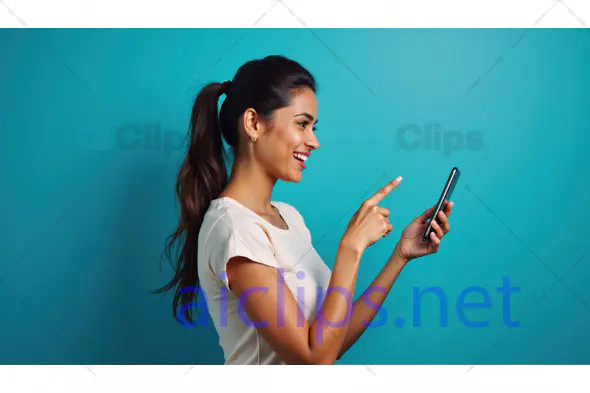 Happy Woman Pointing at Smartphone Screen