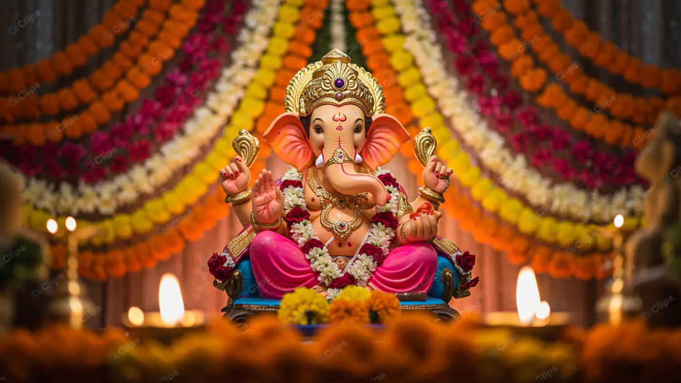 Ornate Ganesha Idol Amidst Floral Splendor