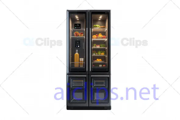 3D Smart French Door Refrigerator with Transparent Panels and Interior Lighting