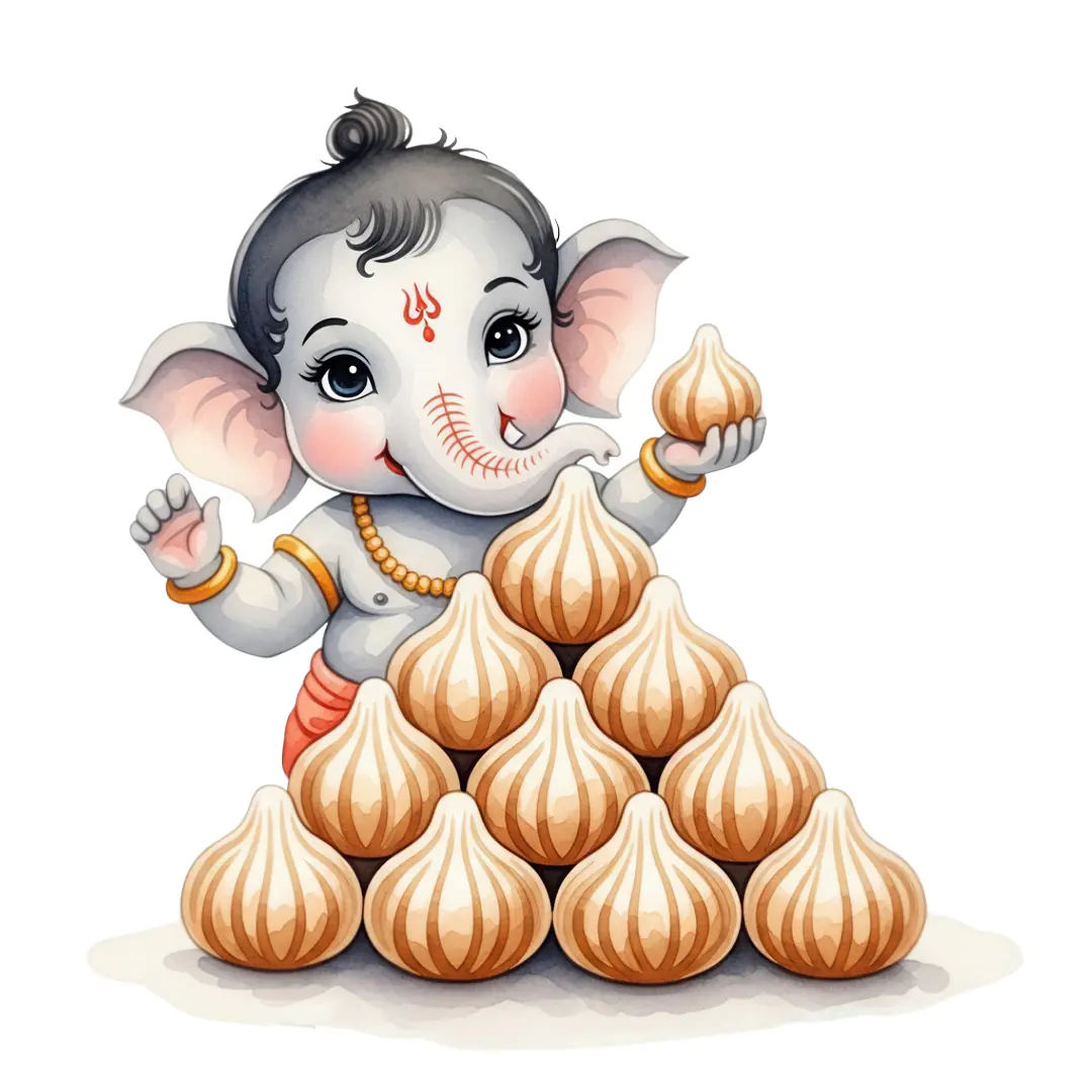 Playful Baby Ganesha with Modak Sweets PNG