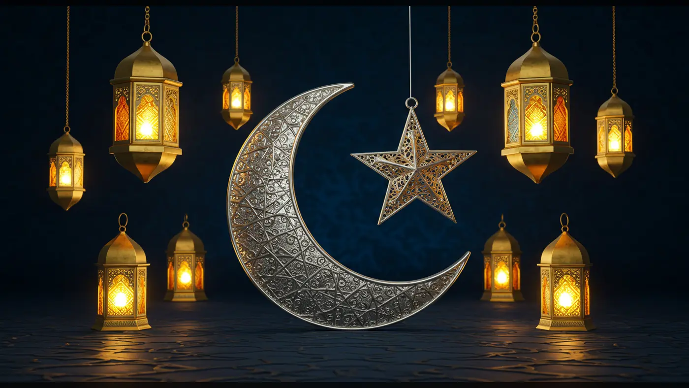 Elegant Eid Lanterns with Crescent Moon & Star Design | AIClips Ramadan Decor Visual