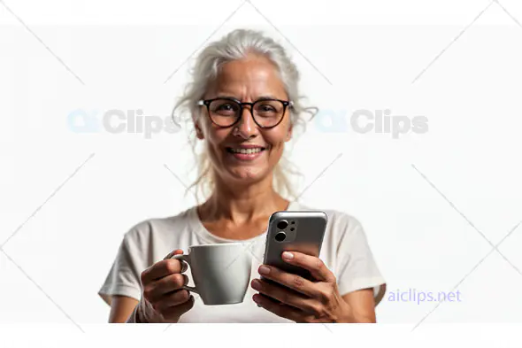 Smiling Elderly Woman with Coffee and Smartphone