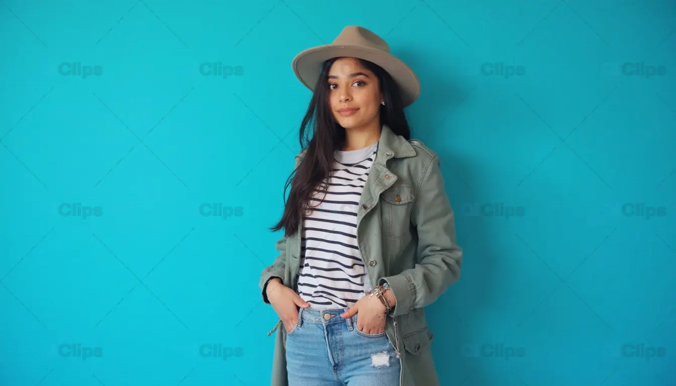 Stylish Woman in Hat with Blue Background