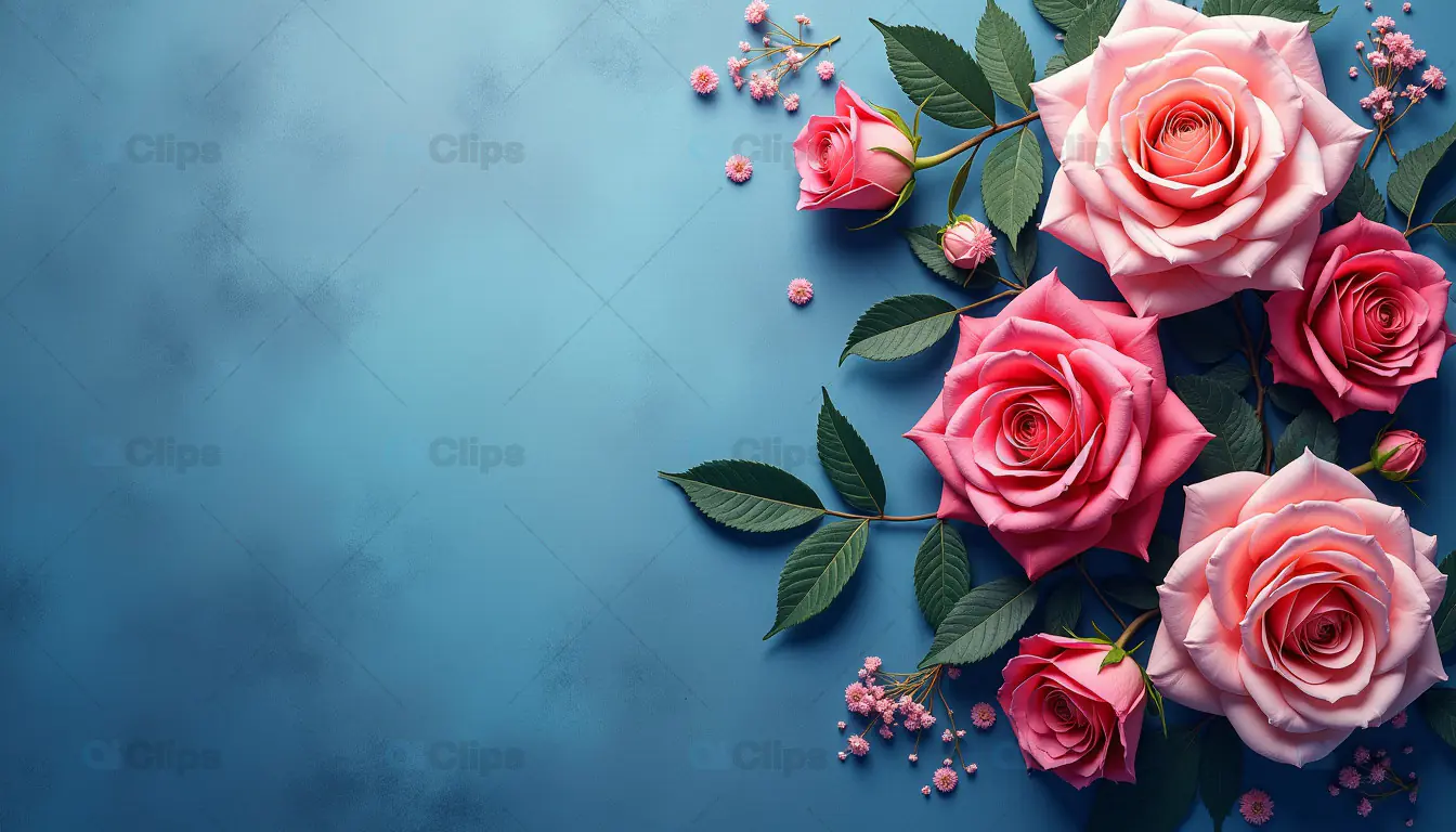 Pink Roses Floral Arrangement on Blue Background