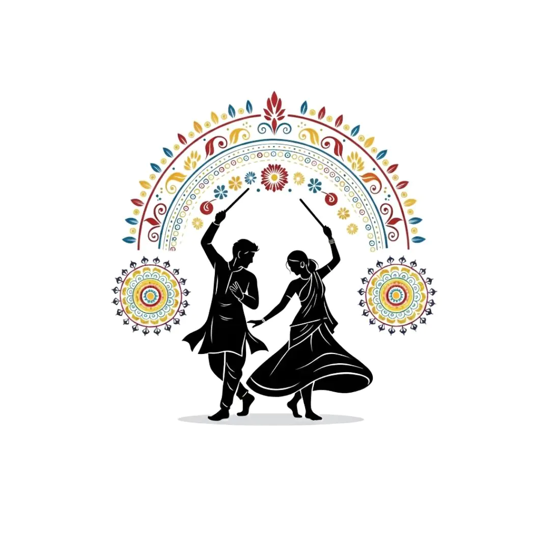 Vibrant Dandiya Dancers with Ornate Floral Arch PNG