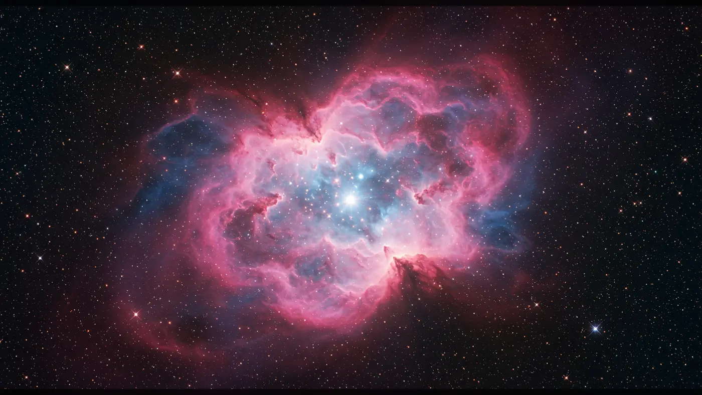 Bright Stellar Nebula – Radiant Pink and Cyan Starburst in Deep Space