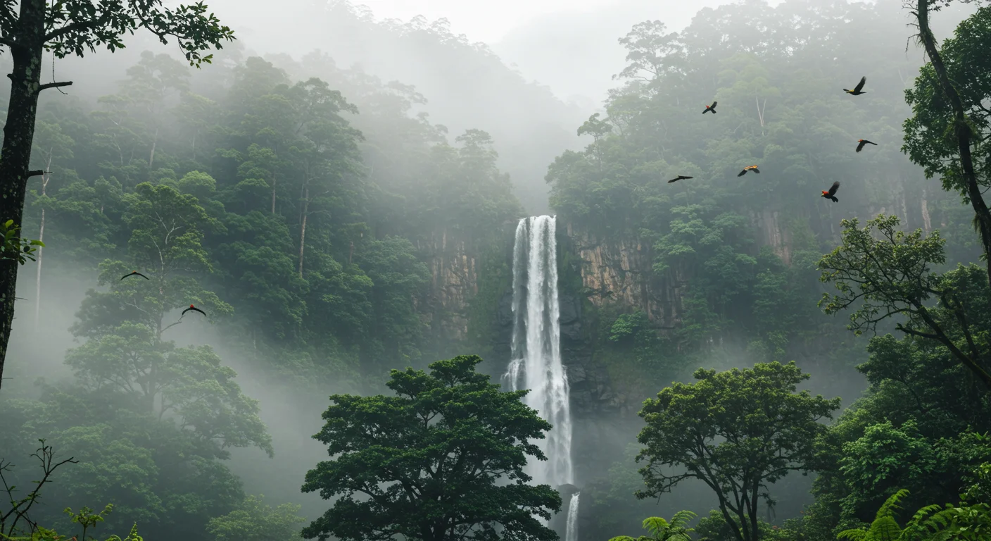 Tall Waterfall in Misty Rainforest with Birds in Flight
