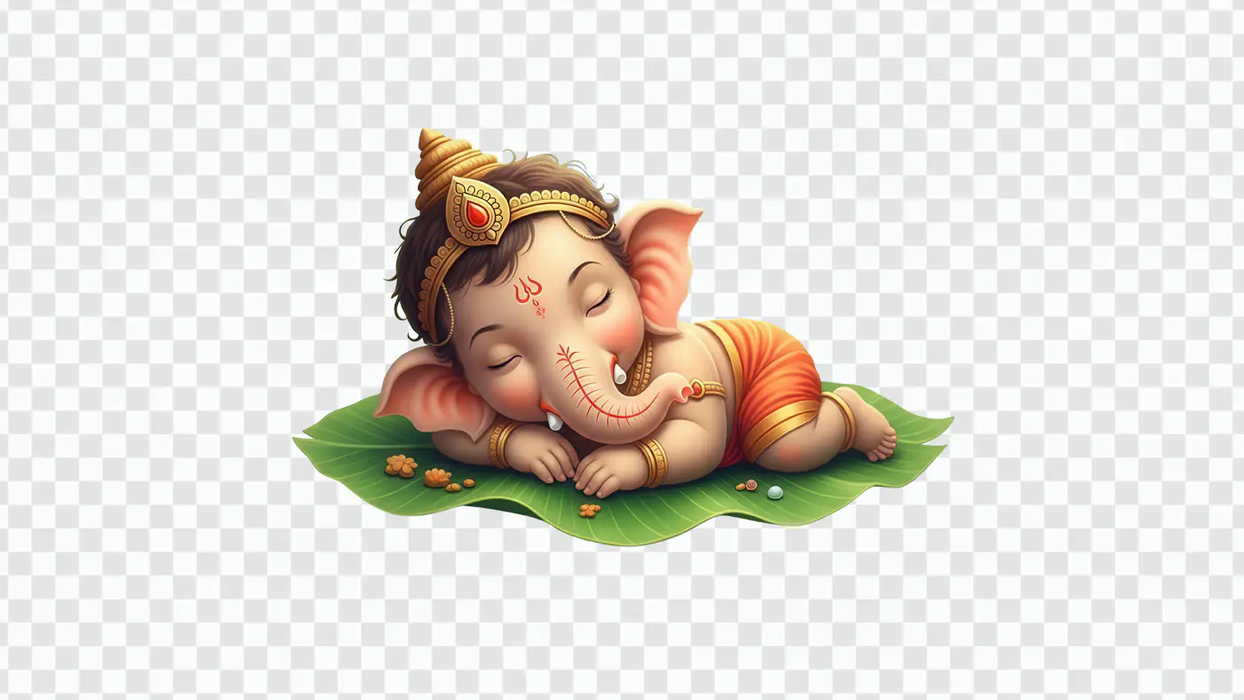 Peaceful Baby Ganesha Resting on Leaf PNG