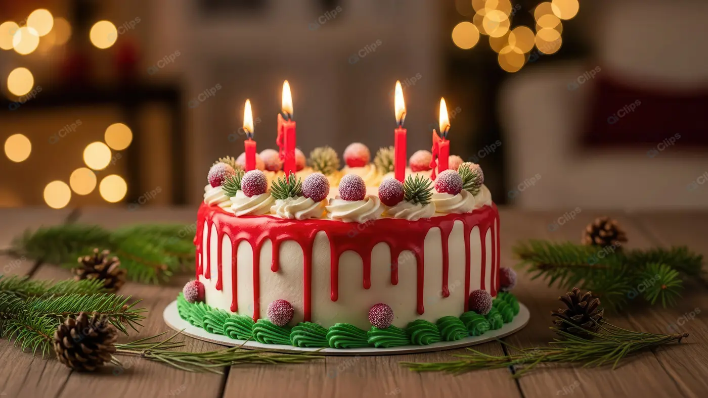 Festive Holiday Cake with Lit Candles