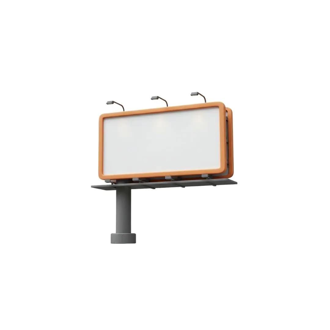 Wooden framed billboard with spotlights on metal pole