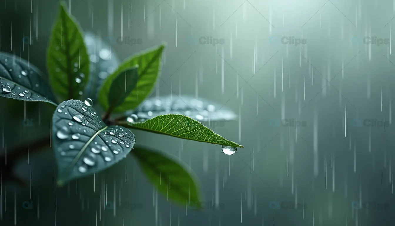 Close-Up Leaves in Rain with Water Droplets