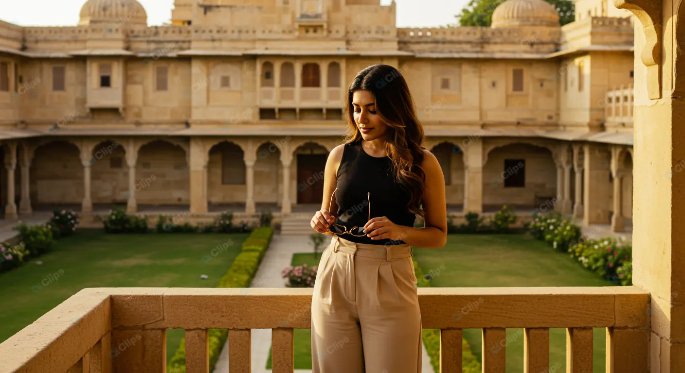 Elegant Tourist at Ancient Courtyard